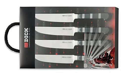 F. Dick Steakmesser-Set 1905 (4-teilig) - Hochwertiges Steakmesser-Set mit 12 cm Klingen aus X50CrMoV15-Stahl, ideal für sauberes Schneiden von Fleisch und Filets – perfekte Kombination aus Tradition und Moderne.