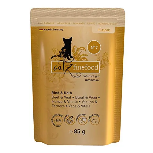 catz finefood N 7 Rind Kalb - Feinkost Katzenfutter 16 x 85g Beutel, extra viel Fleisch und ohne künstliche Zusätze, artgerecht und in Deutschland hergestellt