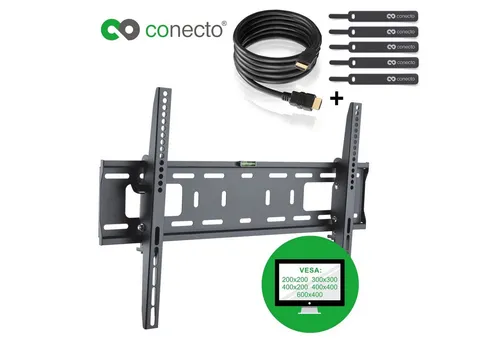 conecto TV-Wandhalterung CC50265, neigbar für bis 65 Zoll Fernseher - TV-Wandhalterung für LCD/LED bis 65 Zoll, Tragkraft 50kg, neigbar von 5° bis -10° zur Vermeidung von Blendeffekten. Einfache Montage mit allem Zubehör inklusive!