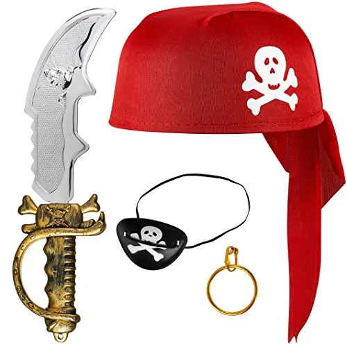 Balinco Piratenset 4-teilig bestehend aus Rotem Piratenhut + Säbel + Augenklappe + Goldener Ohrring