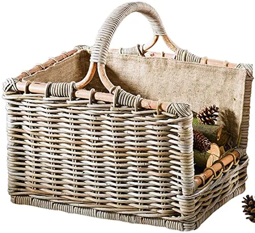 Kobolo Holztrage Holzkorb für Kaminholz - Rattan grau mit Jutestoff - Aschesauger und Holzkorb in einem, bis zu 25 kg belastbar, schützt Ihre Wohnung vor Holzrückständen und sorgt für Sauberkeit rund um den Ofen.