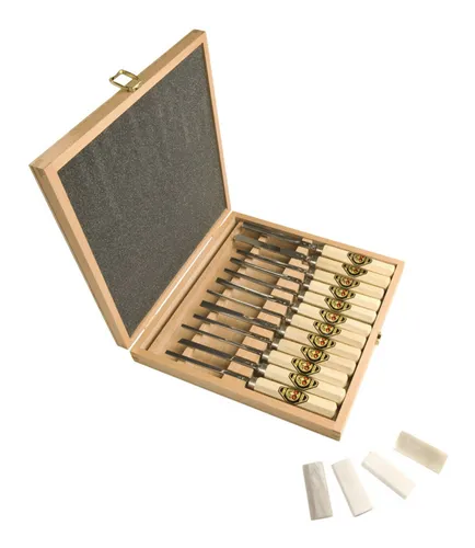 Kirschen Bildhauerbeitelsatz mit kurzem Weißbuchenheft achtkant, im Holzkasten, 18-tlg. - 3155000