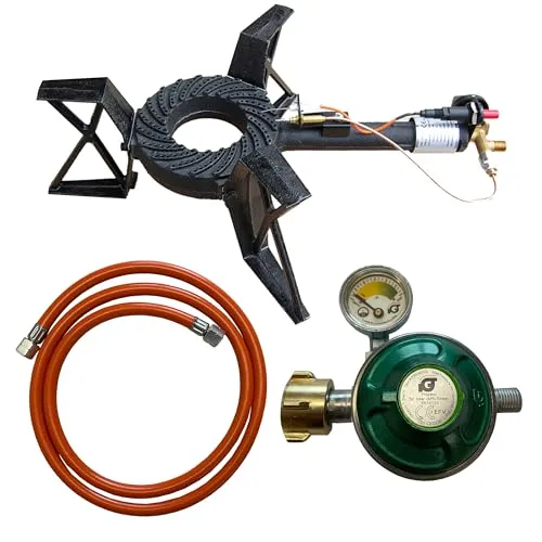 Gaskocher 10,5 kW mit 3-Fuß Gestell – Hochleistungs Hockerkocher mit 50 mbar Druckregler, 1,5 m Schlauch, Piezozündung & Zündsicherung – Outdoor Campingkocher für Wok & große Töpfe