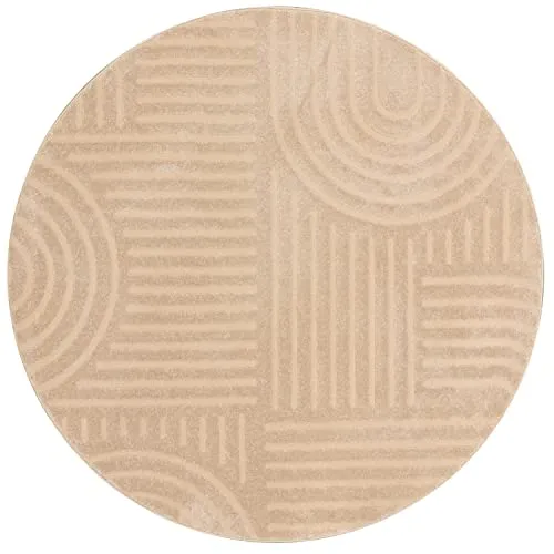 Moderner Kurzflor Teppich Rund - Beige Ø200 cm, Boho Geometrisch - Teppich im Japandi-Boho-Stil mit weicher Textur und 3D-Effekt, aus nachhaltigem Material und OekoTex-zertifiziert, ideal für ein gemütliches Wohnzimmer.