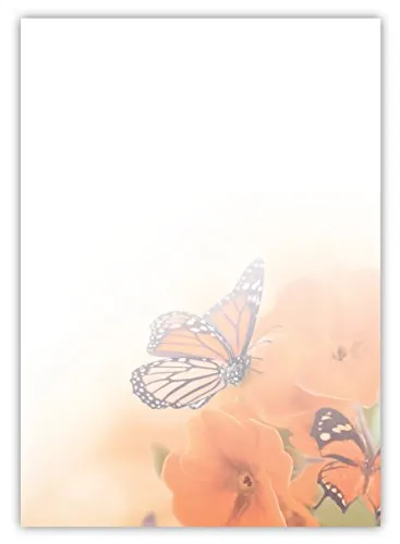 Motiv Briefpapier (Blumen-5026, DIN A4, 25 Blatt). Einseitig bedrucktes Briefpapier, Motiv rote Blumen Schmetterlinge Stiefmütterchen Monarch Falter