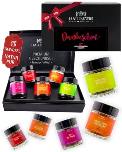 Hallingers Genuss Manufaktur Grillgewürze Geschenkset Danke – 5 Premium Gewürze zum Grillen & BBQ in edler Geschenkbox, Gewürze Set 