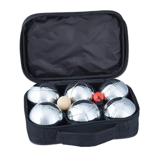 Relaxdays Boule Set mit 6 Metallkugeln - Gesellschaftsspiel für Erwachsene: Profi Boule Set mit 6 Metallkugeln, Zielkugel und Abstandsmesser - ideal für Garten, Strand und Park, inklusive praktischer Tragetasche für einfachen Transport.