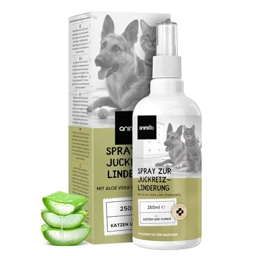 animigo Anti Juckreiz Spray - 250ml Fellpflege - Für Hunde & Katzen - Mit Aloe Vera & Teebaumöl - Wundspray bei juckende Haut, Allergien, Hot Spots, & Parasiten - Ablecksicher mit Natürlichen Zutaten