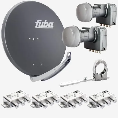 Fuba Sat Anlage 4 Teilnehmer - 2 Satelliten - Komplettset für 4 Teilnehmer mit Fuba 85cm Alu Satellitenschüssel, ideal für Astra und Hotbird. Hohe Empfangsqualität und einfache Montage, geeignet für DVB-S/S2, Full HD, 4K/8K UHD.
