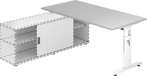 Hammerbacher-Anbauschreibtisch T-Fuß 160x80cm Grau/Weiß - Kinderschreibtisch mit 160x80 cm, höhenverstellbar für ergonomisches Arbeiten und mit praktischer Kabelwanne für Ordnung im Kinderzimmer.