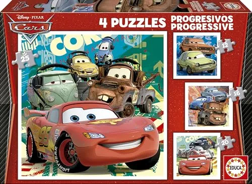 Educa - Cars 4in1 Kinderpuzzle, 12-25 Teile für Kreativität und Konzentration, ab 3 Jahren, hochwertige und umweltfreundliche Materialien