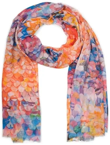 styleBREAKER Damen Schal mit buntem Schuppen Muster, Leichtes großes transparentes Tuch mit kurzen Fransen 01016224, Farbe:Orange-Pink-Blau