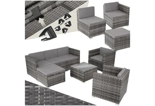tectake Loungeset Rattan Lounge 7-tlg. - Grau - Gartenmöbel mit solidem Stahlgestell und abnehmbaren Sitzpolstern, handgefertigtes Rattangeflecht für individuelle Optik, ideal für entspannte Stunden im Freien.