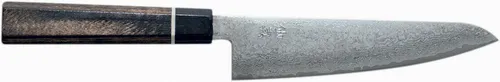 Suncraft Kochmesser Senzo Black Damast 14,3 cm - Hochwertiges kleines Kochmesser aus 67-lagigem VG-10 Damaststahl, ideal für präzises Schneiden von Gemüse, Obst und Fisch. Handgefertigt in Japan, bietet es außergewöhnliche Schnitthaltigkeit und Ergonomie.