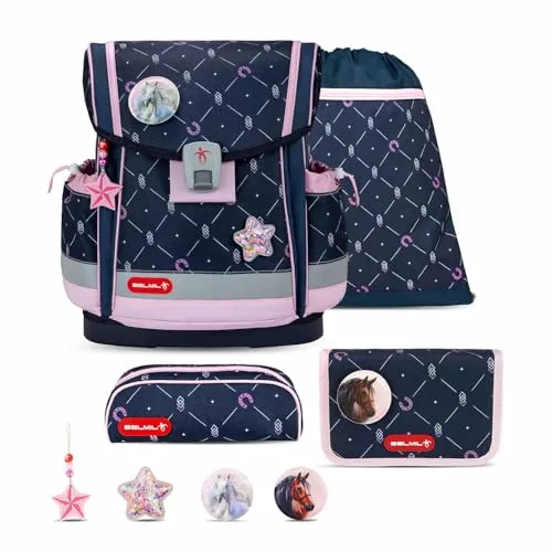 Belmil Classy Plus Schulranzen Set 5-teilig mit Brustgurt - Midnight Gallop - Ergonomisches 5-teiliges Schulranzen-Set mit Brustgurt für Grundschule, leicht und wasserabweisend, ideal für die 1. bis 3. Klasse.