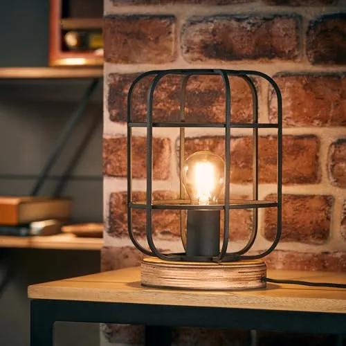 Lightbox Vintage Tischlampe - Tischleuchte mit Gitter Schirm - Schalter - 27 cm Höhe - Ø 20 cm - E27 Fassung - max. 40 W - aus Metall/Holz aus Schwarz-Pappel - in Braun/Korund Schwarz
