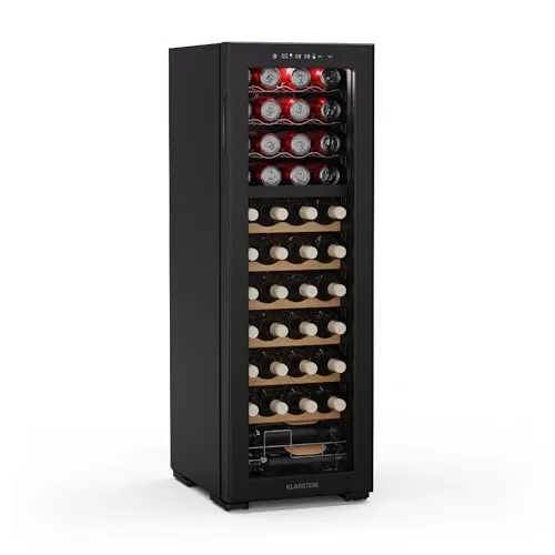 Klarstein Bovella 44 Duo+ Weinkühlschrank – 44 Flaschen, 2 Zonen - Weinkühlschrank für 44 Flaschen mit 2 Temperaturzonen für perfekten Genuss von Rot- und Weißwein, freistehend mit modernem Design und LED-Beleuchtung.