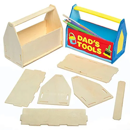 Stiftehalter-Bastelsets „Werkzeugkasten“ für Kinder zum Basteln und Dekorieren als Geschenk zum Vatertag (3 Stück), Holzfarben