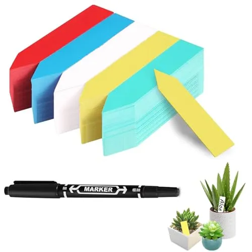 Gekamoyue 100 Stück Pflanzenschilder, 10x2CM Pflanzschilder Bunt mit 1 Filzstift, Stk Stecketiketten, Pflanzenstecker zum Beschrifte, Namensschilder Für Gemüse, Kräuter, Sämling