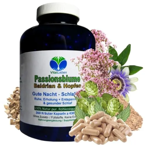 360 Gute Nacht Kapseln - Passionsblume, Baldrian & Hopfen - Pflanzliches Ergänzungsmittel für entspannenden Schlaf ohne Zusatzstoffe. Beruhigt die Nerven und fördert die innere Ruhe mit 100% natürlichen Inhaltsstoffen. Ideal für einen erholsamen Schlaf.