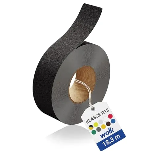 wolk Antirutsch Klebeband R13 Schwarz (50,0 mm x 18,3 m) – Selbstklebendes Anti-Rutschband für Treppen, Rampen & Böden – Rutschhemmung nach BGR 181 – Innen & Außen, extrem belastbar