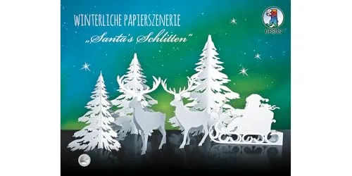 Ursus 17200002 - Winterliche Papierszenerie, Santa's Schlitten, weiß, 4 Blatt aus Bristolkarton 400 g/qm, gelasert und genutet, Set mit Bäume, Rentiere und Schlitten, inklusive Bastelanleitung