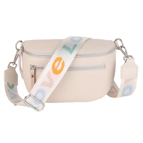 MIRROSI® Damen Bauchtasche Umhängetasche 27x14,5x8cm Damen, Made in Italy, aus Echtleder Tasche Echtes Leder, Brusttasche, Crossbody Bag,Bohemian Style (1 Tasche 2 Gurte) (Beige Love)