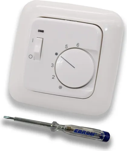 Halmburger Raumthermostat Raumtemperaturregler RTR-77rg mit Schalter AN/AUS in Busch Jäger Reflex SI alpinweiß im Rahmen + EBROM Phasenprüfer zur Montage des Geräts RTR-77 (rg) Fußbodenheizung