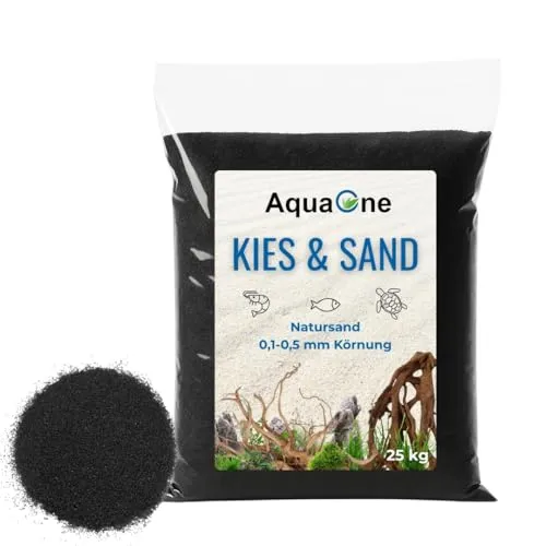 AquaOne Aquarium Sand 25 kg Bodengrund schwarz 0,1-0,5 mm I Aquariumsand Premium Qualität I Quarzsand feine Körnung I Aquariumkies Deko Aquascaping Dekoration