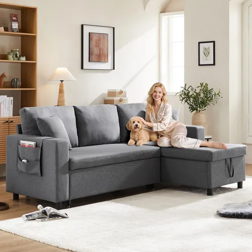 Merax 3-Sitzer Ecksofa mit Schlaffunktion - Multifunktionales Dunkelgrau Sofa - Vielseitiges 3-Sitzer Ecksofa mit Schlaffunktion und Stauraum. Ideal für Wohn- und Gästezimmer, bietet Komfort durch hochwertiges Material und eine stabile Konstruktion. Perfekt für Nickerchen oder überraschende Besuche.