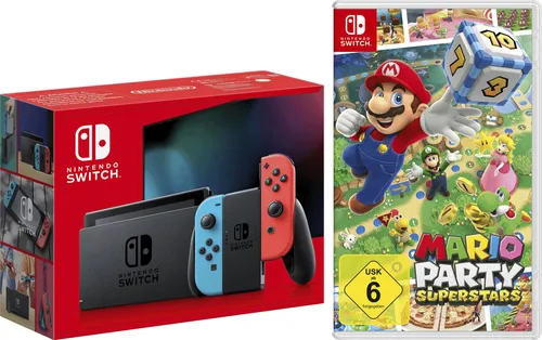 NINTENDO SWITCH Konsolen-Set (neonrot/neonblau) - Erlebe Spiele in lebendigen Farben! Das Set enthält alles, was du für unvergessliche Gaming-Abende benötigst, inklusive 2 Joy-Con-Controllern und Mario Party Superstars. Ideal für stundenlangen Spielspaß!