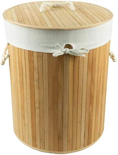 HRB Wäschekorb mit Deckel Bambus in beige, Wäscheaufbewahrung mit herausnehmbaren Wäschesack aus Baumwolle, faltbar, Wäsche Sortierer mit einem Ø 40 cm (Beige)