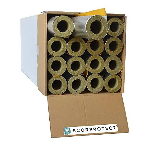Scorprotect® Alukaschierte Rohrschale - Steinwolle 54x20mm, 1m - Rohrisolierung mit hervorragender Wärmeleitfähigkeit von 0.040 W/(mK), ideal für effiziente Wärmedämmung und Brandschutz (Brandklasse A2). 16m Kartoninhalt, formstabil und druckfest.