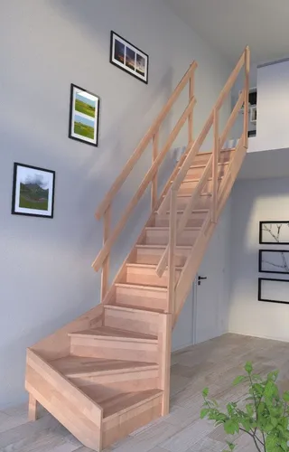 Starwood Raumspartreppe Holztreppe Rhodos ¼ gewendet - Massivholztreppe in ¼ gewendelter Ausführung, ideal für individuelle Gestaltung. Naturbelassenes Buchenleimholz, passend für Geschosshöhen bis 300 cm. Flexibel einsetzbar mit wählbarem Geländer.