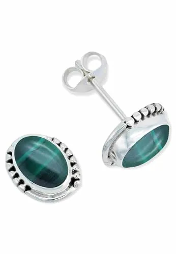 Ohrstecker 925 Silber Malachit grüner gestreifter Stein Edelstein Ohrringe echt Silber Damen Sterling Silber Stecker Geschenk(MOS-020-10)