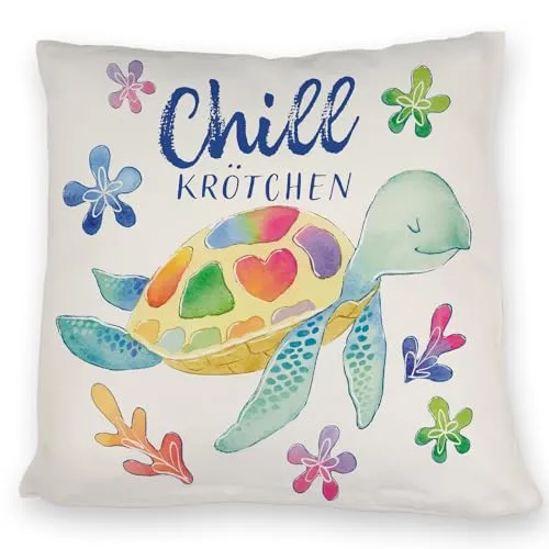 speecheese Schildkröte Kissen mit Spruch Chillkrötchen EIN buntes DekoKissen für die Couch KuschelKissen Chillkrötchen Kinder Bunte Turtle Regenbogen Unterwasser glücklich Sofa bunt niedlich