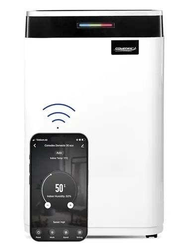 Comedes Luftentfeuchter Demecto 30 eco WIFI - Luftentfeuchter für Räume bis 115 m³ mit 25 l/Tag Entfeuchtung. Steuern Sie bequem via Smartphone-App und genießen Sie frische, trockene Luft.