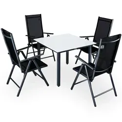 Casaria Garten-Essgruppe Bern - 5-tlg. Aluminium mit Sicherheitsglas - Hochwertige 5-tlg. Garten-Essgruppe für 4 Personen, wetterfest mit klappbaren Stühlen und verstellbaren Rückenlehnen – ideal für jeden Garten!