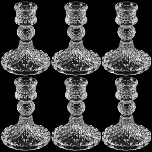 Winter Shore Kerzenhalter Glas [6 Pack] - Kerzenständer Stabkerzen für Hochzeiten, Tafelaufsätze, Esstische - Durchsichtiges Kerzenständer Glas Set für Rustikale Vintage Deko - 7,7 x 10 cm