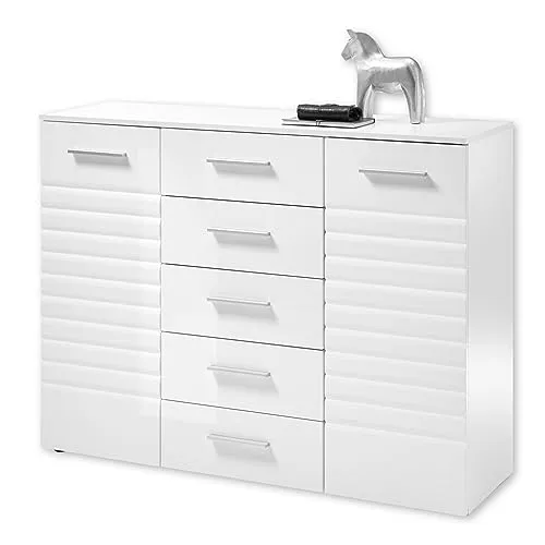 NEW LONG Sideboard in Weiß - Moderne Kommode mit Stauraum - Kommoden & Sideboards - Stilvolles Design in strahlendem Weiß mit viel Stauraum durch 2 Türen und 5 Schubkästen, ideal für jede Einrichtung.