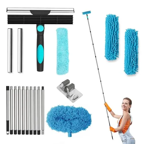 4-in-1 Fensterputzer Set, Fensterreiniger mit Teleskopstange, ausziehbar bis 3,9 m, 360° schwenkbarer Kopf, Mikrofaser & Fensterabzieher, Profi Fensterreinigungsset für Fenster, Dusche, Auto, Glas