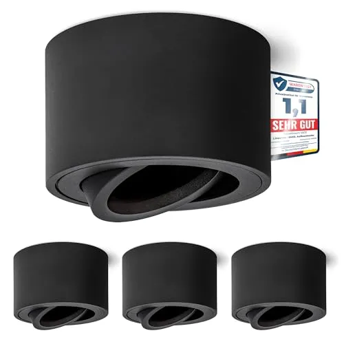 linovum 4 Stück Aufbauspot SMOL extra flach schwarz matt - 4er Set schwenkbare Deckenleuchte in modernem Design, ideal für Küche und Flur. Extra flach mit nur 50 mm Höhe - perfekte Alternative zu Einbaustrahlern und rostfrei aus Aluminium.
