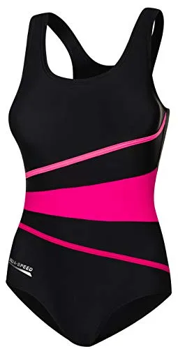 Aqua Speed Badeanzug STELLA - Sportlicher Damen Einteiler mit Soft Cups - Bademode in Schwarz/Rot, Größe 42, bietet optimalen Halt und Bewegungsfreiheit für aktive Schwimmerinnen.
