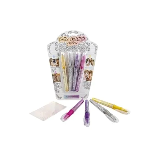 Ameisenkeks® Tattoo Gelstifte Set mit Glitzer – 4 Farben (Gold, Silber, Pink, Lila) inkl. Schablonen – Hautfreundliche Tattoo Pens für Kinder & Erwachsene – Abwaschbare Glitzer Tattoos