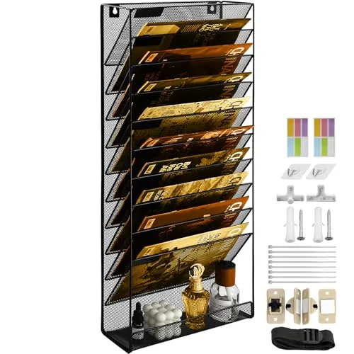 PLSOPPKG Hängeorganizer Wandablagefächer 11 Stöckiger Wandmontage Schreibtisch Organizer, A4 Zeitschriftenhalter Wand, Hängende Wandordner Dokumente Metall Büro Dokument Organizer für Zuhause