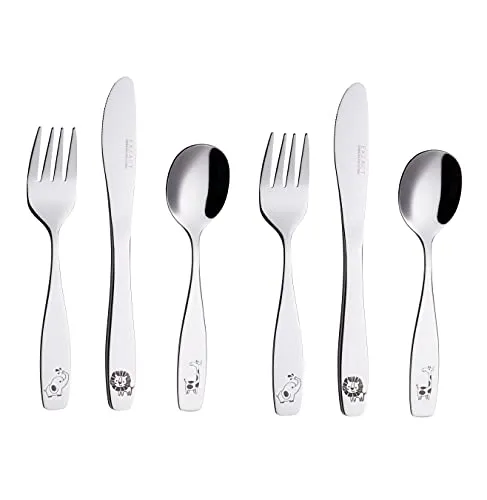 Exzact Kinderbesteck 6 Stück Edelstahl 18/10 Kinderbesteck Kleinkind Besteck Besteck – 2 x Gabeln, 2 x Safe Dinner Messer, 2 x Dinner Löffel – Safari Giraffe Elefant Löwe