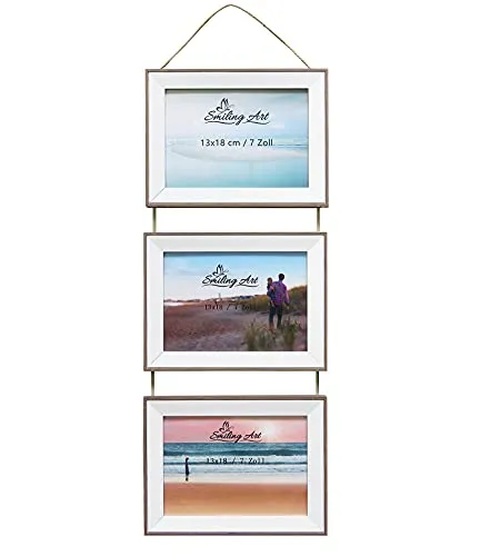 Smiling Art Bilderrahmen Fotorahmen Collage Wandcollage für 3 Fotos aus MDF Holz mit echten Glasscheiben, hängend (Braun+Weiß, 3x13x18 cm, Querformat)