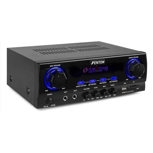 Fenton AV440 Digitaler Bluetooth Verstärker HiFi Stereo Verstärker inkl. Fernbedienung - 400 Watt Peak - 2 Kanal Amplifier Karaoke, MP3 Player, USB, SD, Equalizer, RCA-In, 2X MIC-IN, Echo - Schwarz