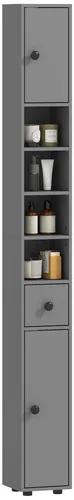 Kleankin Badkommode Hochschrank Toilettenschrank – Schmaler Badezimmer-Schrank mit Schublade und verstellbaren Regalen, 180 cm, Grau