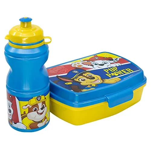 Stor SCHULANFANGS-SET BESTEHEND AUS 380-ML-PLASTIKFLASCHE UND BROTDOSE MIT BESTECK. BPA FREI | PAW PATROL PUP POWER